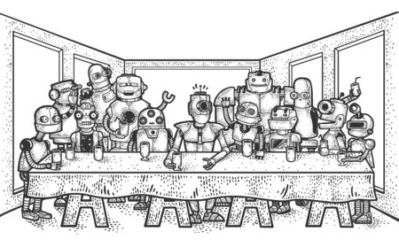 The Last Supper of robots sketch engraving vector illustration. Leonardo da Vinci painting parody. T-shirt apparel print design. Scratch board imitation. Black and white hand drawn image.のイラスト素材