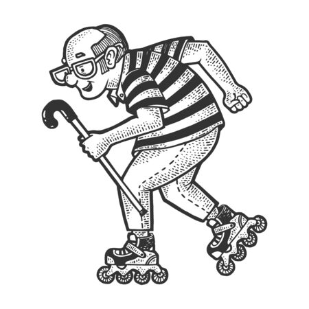 Old man grandfather rides on roller Skates sketch engraving vector illustration. T-shirt apparel...