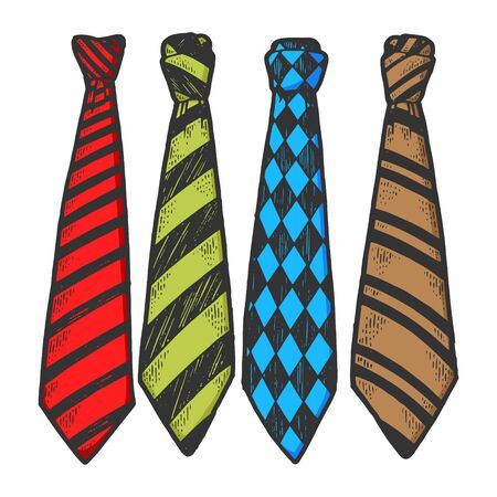 Tie set sketch engraving vector illustration. T-shirt apparel print design. Scratch board style imitation. Black and white hand drawn image.のイラスト素材