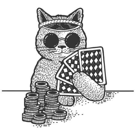 Cartoon cat poker player sketch engraving vector illustration. T-shirt apparel print design. Scratch board imitation. Black and white hand drawn image.のイラスト素材
