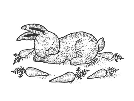 Cartoon sleeping bunny rabbit sketch engraving vector illustration. T-shirt apparel print design. Scratch board imitation. Black and white hand drawn image.のイラスト素材