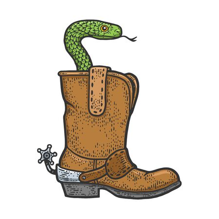 Snake viper in a cowboy boot sketch engraving vector illustration. T-shirt apparel print design. Scratch board imitation. Black and white hand drawn image.のイラスト素材