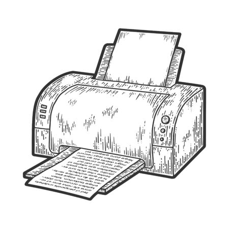 Printer printing text on paper sketch engraving vector illustration. T-shirt apparel print design. Scratch board imitation. Black and white hand drawn image.のイラスト素材