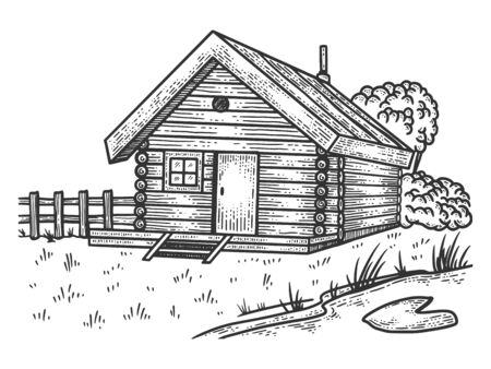 Wooden country farm house sketch engraving vector illustration. T-shirt apparel print design. Scratch board imitation. Black and white hand drawn image.のイラスト素材