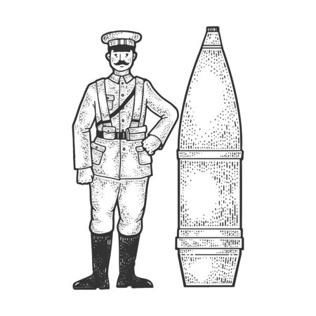 World War I soldier and huge cannon shell sketch engraving vector illustration. T-shirt apparel print design. Scratch board imitation. Black and white hand drawn image.のイラスト素材