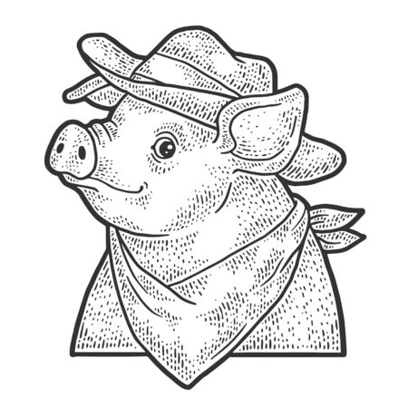 Cartoon cowboy piggy sketch engraving vector illustration. T-shirt apparel print design. Scratch board imitation. Black and white hand drawn image.のイラスト素材