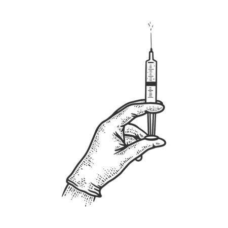 Syringe with medicine in the hand of medical professional sketch engraving vector illustration. T-shirt apparel print design. Scratch board imitation. Black and white hand drawn image.のイラスト素材