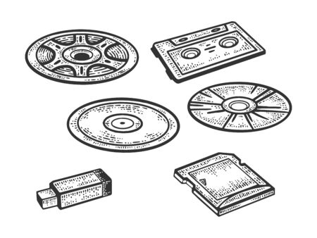 set of storage media sketch engraving vector illustration. T-shirt apparel print design. Scratch board imitation. Black and white hand drawn image.のイラスト素材
