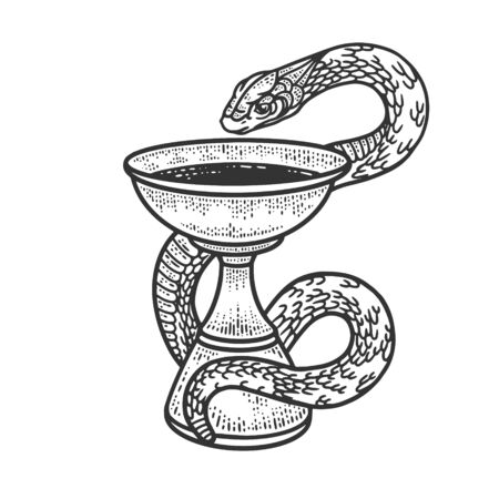 Bowl of Hygieia symbols of pharmacy sketch engraving vector illustration. T-shirt apparel print design. Scratch board imitation. Black and white hand drawn image.のイラスト素材