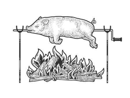 Bonfire pig pork sketch engraving vector illustration. T-shirt apparel print design. Scratch board imitation. Black and white hand drawn image.のイラスト素材