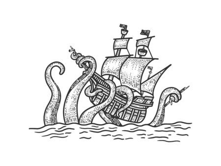giant octopus attacked an old ship sketch engraving vector illustration. T-shirt apparel print design. Scratch board imitation. Black and white hand drawn image.のイラスト素材
