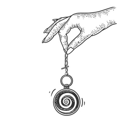 hypnotist pendulum in hand sketch engraving vector illustration. T-shirt apparel print design. Scratch board imitation. Black and white hand drawn image.のイラスト素材