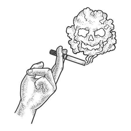 cigarette in hand and skull smoke sketch engraving vector illustration. T-shirt apparel print design. Scratch board imitation. Black and white hand drawn image.のイラスト素材