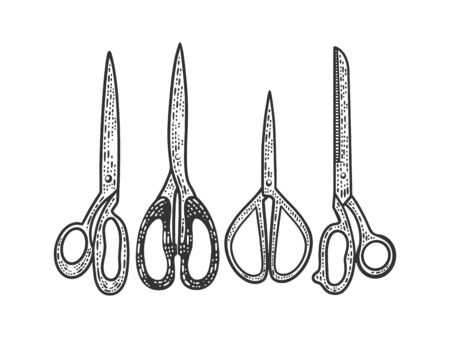 Scissors set barber tools sketch engraving vector illustration. T-shirt apparel print design. Scratch board imitation. Black and white hand drawn image.のイラスト素材