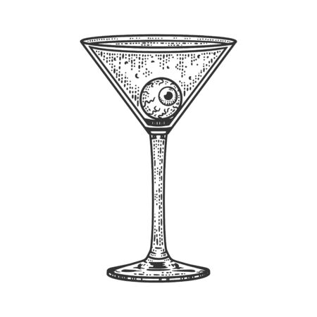 eye ball in a martini glass sketch engraving vector illustration. T-shirt apparel print design. Scratch board imitation. Black and white hand drawn image.のイラスト素材