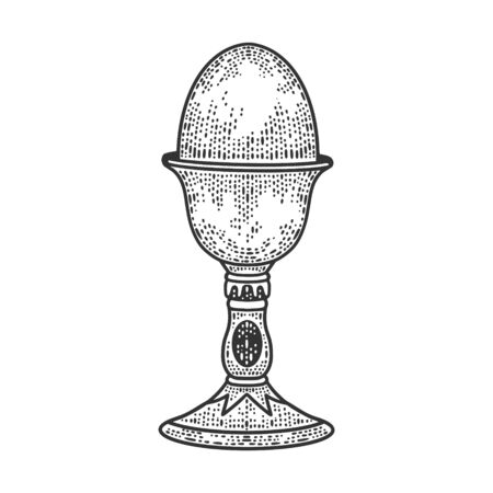 egg on eggcup stand sketch engraving vector illustration. T-shirt apparel print design. Scratch board imitation. Black and white hand drawn image.のイラスト素材