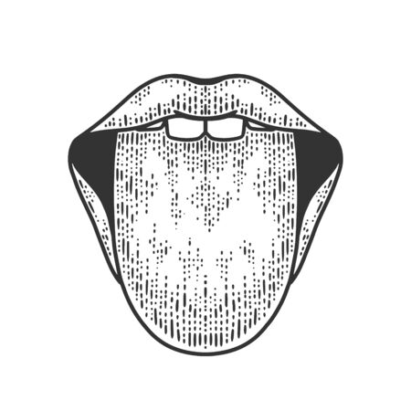 tongue sticking out sketch engraving vector illustration. T-shirt apparel print design. Scratch board imitation. Black and white hand drawn image.のイラスト素材
