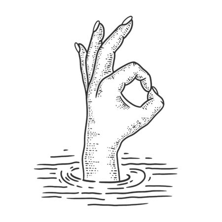 drowning man shows ok sign sketch engraving vector illustration. T-shirt apparel print design. Scratch board imitation. Black and white hand drawn image.のイラスト素材