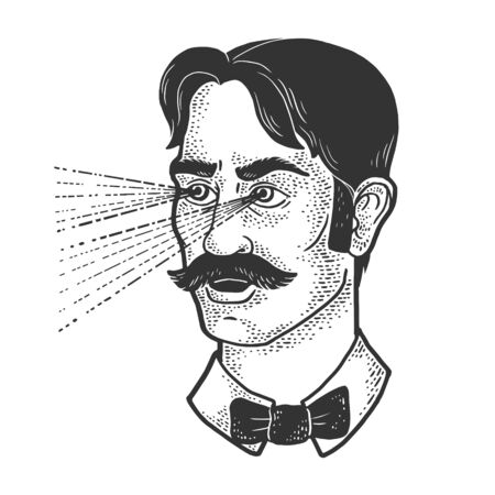 Old fashioned gentleman beams rays out of his eyes sketch engraving vector illustration. T-shirt apparel print design. Scratch board imitation. Black and white hand drawn image.のイラスト素材
