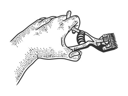 Mechanic hair clipper in hand sketch engraving vector illustration. T-shirt apparel print design. Scratch board imitation. Black and white hand drawn image.のイラスト素材