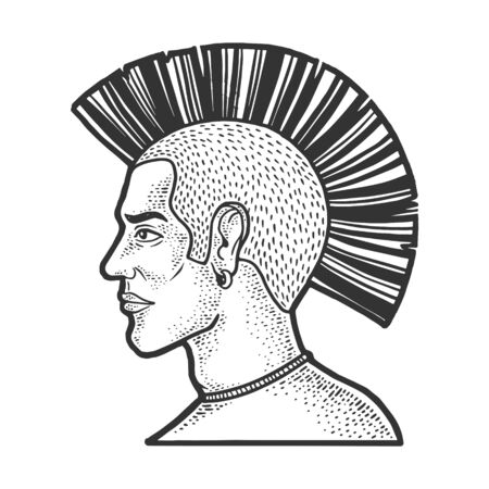 Mohawk hairstyle man sketch engraving vector illustration. T-shirt apparel print design. Scratch board imitation. Black and white hand drawn image.のイラスト素材