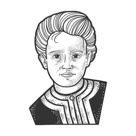 Marie Curie portrait sketch engraving vector illustration. T-shirt apparel print design. Scratch board imitation. Black and white hand drawn image.のイラスト素材