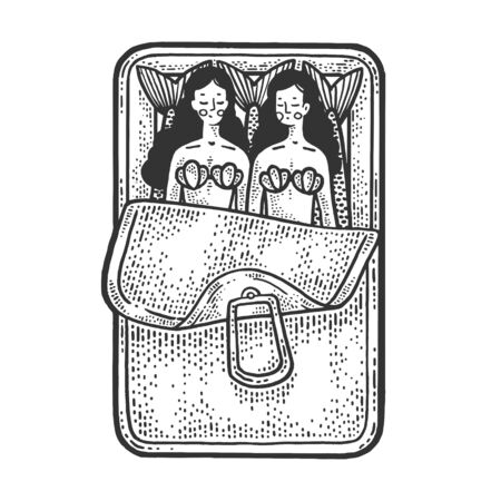 mermaids in tin can sketch engraving vector illustration. T-shirt apparel print design. Scratch board imitation. Black and white hand drawn image.のイラスト素材