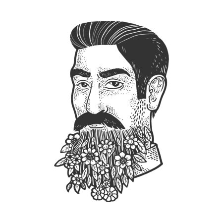 man with a blooming beard sketch engraving vector illustration. T-shirt apparel print design. Scratch board imitation. Black and white hand drawn image.のイラスト素材