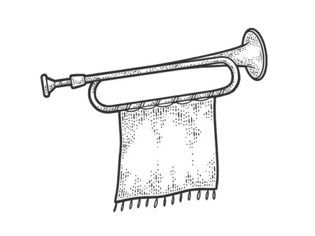Bugle horn with flag sketch engraving vector illustration. T-shirt apparel print design. Scratch board imitation. Black and white hand drawn image.のイラスト素材