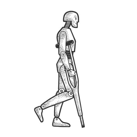 Crash test dummy with crutches sketch engraving vector illustration. T-shirt apparel print design. Scratch board imitation. Black and white hand drawn image.のイラスト素材