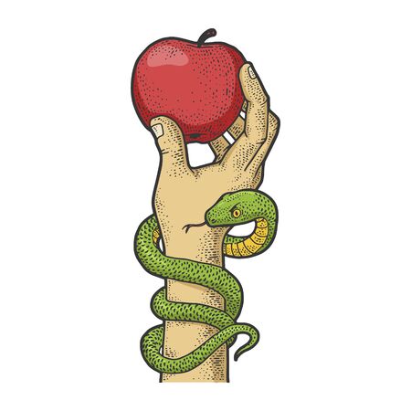 Apple in hand with snake color sketch engraving vector illustration. T-shirt apparel print design. Scratch board imitation. Black and white hand drawn image.のイラスト素材