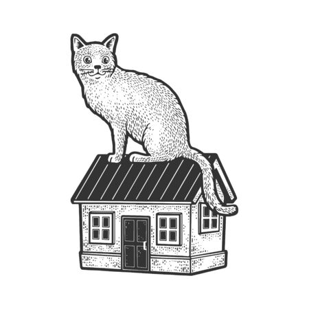 Huge cat is sitting on house sketch engraving vector illustration. T-shirt apparel print design. Scratch board imitation. Black and white hand drawn image.のイラスト素材