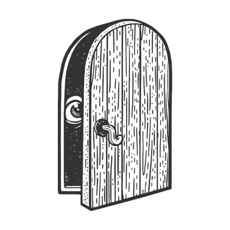 Social anxiety disorder metaphor. Eye peeps out the door ajar sketch engraving vector illustration. T-shirt apparel print design. Scratch board imitation. Black and white hand drawn image.のイラスト素材