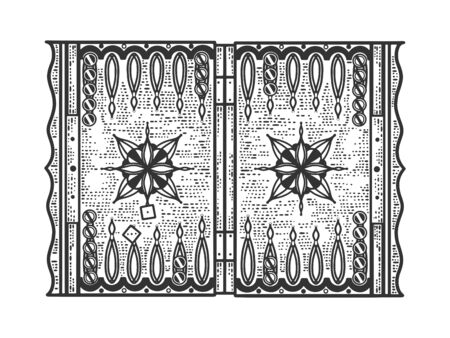 backgammon tables game sketch engraving vector illustration. T-shirt apparel print design. Scratch board imitation. Black and white hand drawn image.のイラスト素材