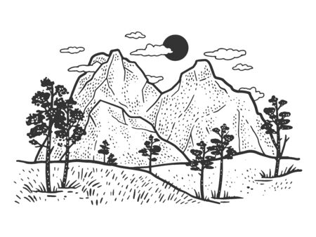Mountain landscape sketch engraving vector illustration. T-shirt apparel print design. Scratch board imitation. Black and white hand drawn image.のイラスト素材