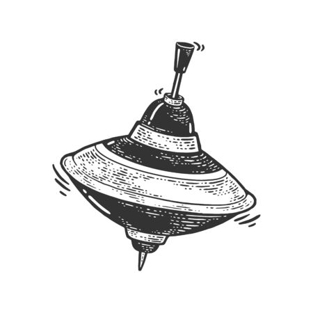 spinning top toy sketch engraving vector illustration. T-shirt apparel print design. Scratch board imitation. Black and white hand drawn image.のイラスト素材