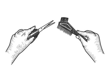 hairdresser hands with scissors and comb sketch engraving vector illustration. T-shirt apparel print design. Scratch board imitation. Black and white hand drawn image.のイラスト素材