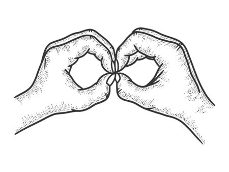 hands in form of binoculars sketch engraving vector illustration. T-shirt apparel print design. Scratch board imitation. Black and white hand drawn image.のイラスト素材