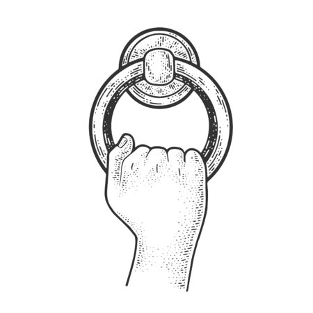 Door knocker ring sketch engraving vector illustration. T-shirt apparel print design. Scratch board imitation. Black and white hand drawn image.のイラスト素材