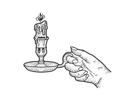 candlestick in hand sketch engraving vector illustration. T-shirt apparel print design. Scratch board imitation. Black and white hand drawn image.のイラスト素材
