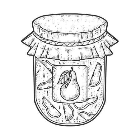 pear jam sketch engraving vector illustration. T-shirt apparel print design. Scratch board imitation. Black and white hand drawn image.のイラスト素材