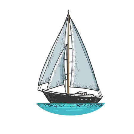 sailing yacht boat sketch engraving vector illustration. T-shirt apparel print design. Scratch board imitation. Black and white hand drawn image.のイラスト素材