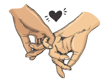 Couple in love hold hands color sketch engraving vector illustration. T-shirt apparel print design. Scratch board imitation. Black and white hand drawn image.のイラスト素材