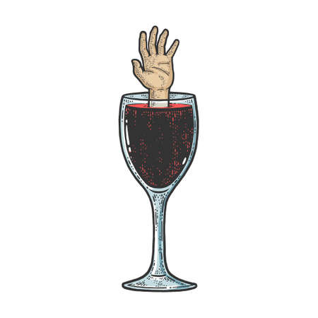 man drowning in a glass of wine color sketch engraving vector illustration. T-shirt apparel print design. Scratch board imitation. Black and white hand drawn image.のイラスト素材