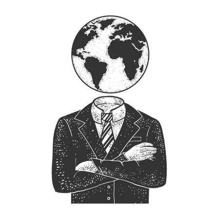 Globe planet earth head businessman sketch engraving vector illustration. T-shirt apparel print design. Scratch board imitation. Black and white hand drawn image.のイラスト素材