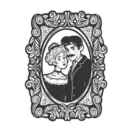 Vintage old fashioned photo of a married couple sketch engraving vector illustration. T-shirt apparel print design. Scratch board imitation. Black and white hand drawn image.のイラスト素材