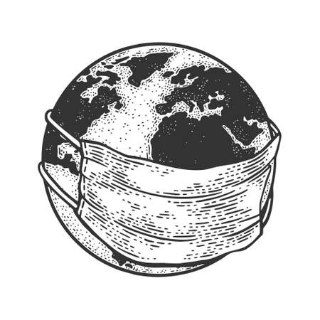Earth globe in medical protective mask sketch engraving vector illustration. T-shirt apparel print design. Scratch board imitation. Black and white hand drawn image.のイラスト素材