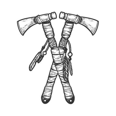 Tomahawk crossed sketch engraving vector illustration. T-shirt apparel print design. Scratch board imitation. Black and white hand drawn image.のイラスト素材