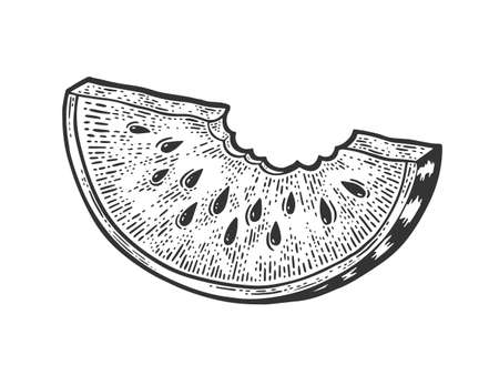 bitten slice of watermelon sketch engraving vector illustration. T-shirt apparel print design. Scratch board imitation. Black and white hand drawn image.のイラスト素材