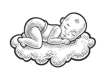 sleeping infant baby child on cloud sketch engraving vector illustration. T-shirt apparel print design. Scratch board imitation. Black and white hand drawn image.のイラスト素材